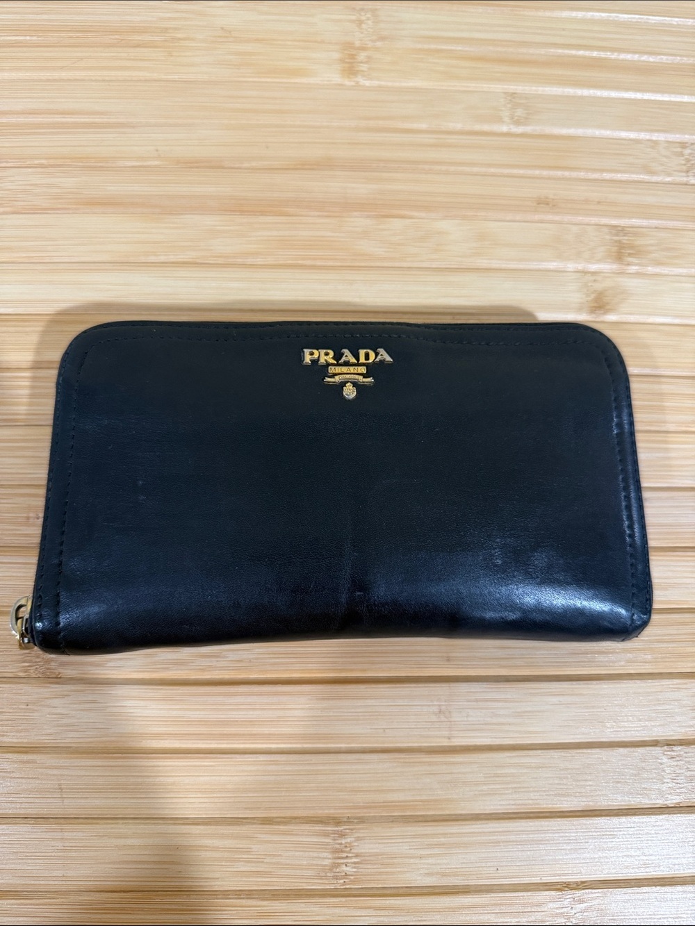 Prada Black Leather Zip Wallet with Gold-Tone Hardware